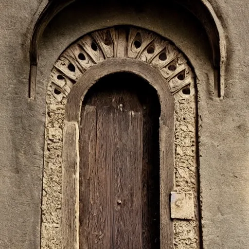 Prompt: A ajar door with a sleeping human face hangs on loops, medieval style, dramatic lighting, medieval style, dramatic lighting