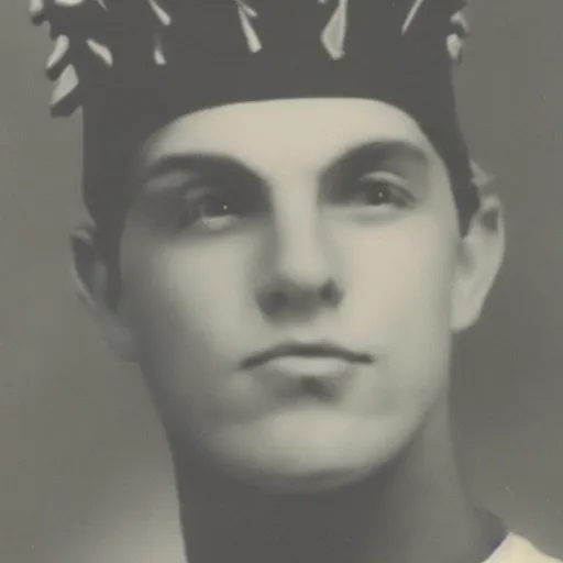 Image similar to a yearbook photo from 1966 of Jughead Jones, wearing a felt crown