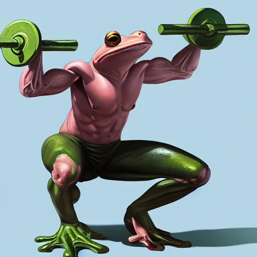 Image similar to A frog lifting weights, digital art, artstation, WLOP, CGSociety, Mandy Jurgens