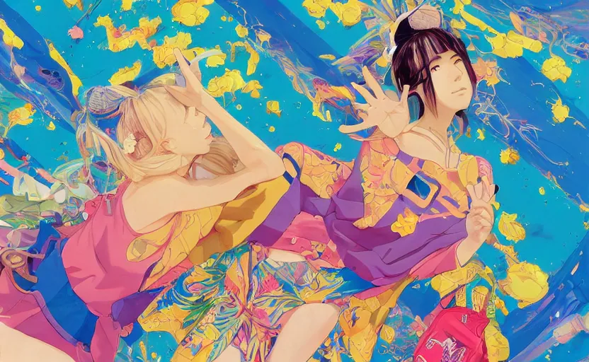 Image similar to beautiful anime painting of sunny hiphop solarpunk summertime chill, by martine johanna, njideka akunyili crosby, rossdraws. trending on artstation, 8 k, masterpiece, graffiti paint, fine detail, full of color, intricate detail, golden ratio illustration