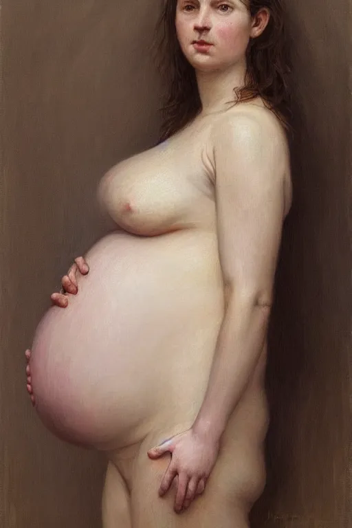 Image similar to pregnant woman in t-shirt by Alyssa Monks, Bouguereau. full-shot, urban dystopia, hyper realism, realistic proportions, dramatic lighting, high detail 4k