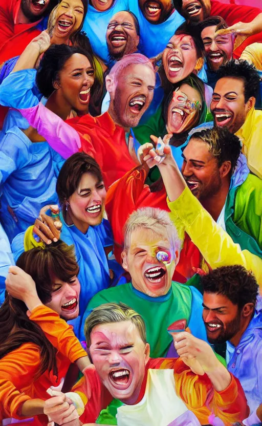 Prompt: amazing beautiful hyper - detailed photorealistic oil painting of a group of friends laughing together. the colors are very vibrant and the people in the photo look very happy. vibrant colors, very funny, personal, positive, visually pleasing, engaging and contains humans. high resolution. high quality. hq hd. trending on artstation.