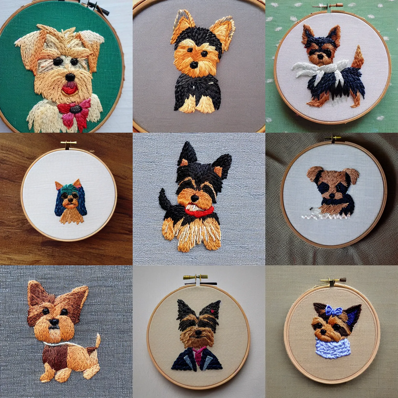 Prompt: a tiny beautiful handmade embroidery of a very cute yorkshire terrier. hand embroidery.