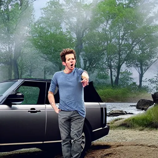 Prompt: dennis reynolds a. k. a. the golden god, standing next to his range rover near a body of water, screaming in a fiery anger and rage, cinematic style, hyper - realistic