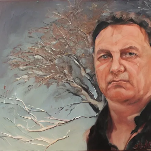 Image similar to viktor orban protecting a tree, oil painting