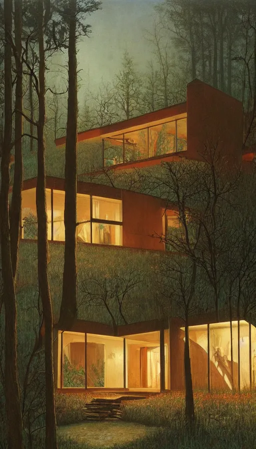 Image similar to cozy ultra modern home in the woods moody lighting, highly detailed, painting by zdzisław beksinski and norman rockwell and greg rutkowskiweta studio, and lucasfilm