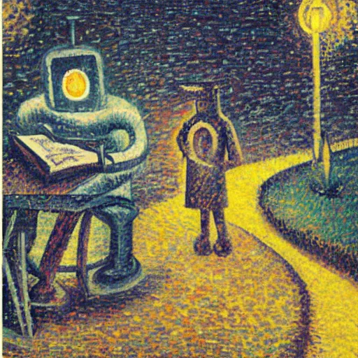 Prompt: A robot reading a book in a park, winter evening, lights, colorful, in the style of Umberto Boccioni