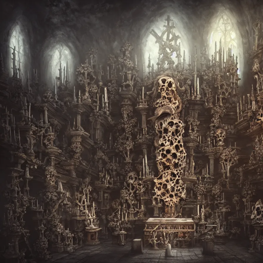 Image similar to full color, low ultrawide interior shot of sedlec ossuary, bones, anime style mixed with fujifilm, oil on canvas, hdr, dark, foggy, atmospheric, artstation, cgsociety, octane render, cgi, denoise, detailed, cinematic masterpiece