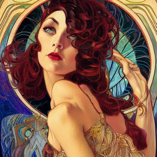 Prompt: an art deco painting in the style of donato giancola, and in the style of charlie bowater, and in the style of alphonse mucha. symmetry, smooth, sharp focus, semi - realism, intricate detail.