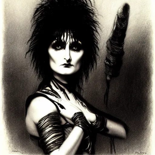 Image similar to siouxsie sioux, creepy atmosphere, dark, portrait, realistic, very realistic, illustration by gustave dore