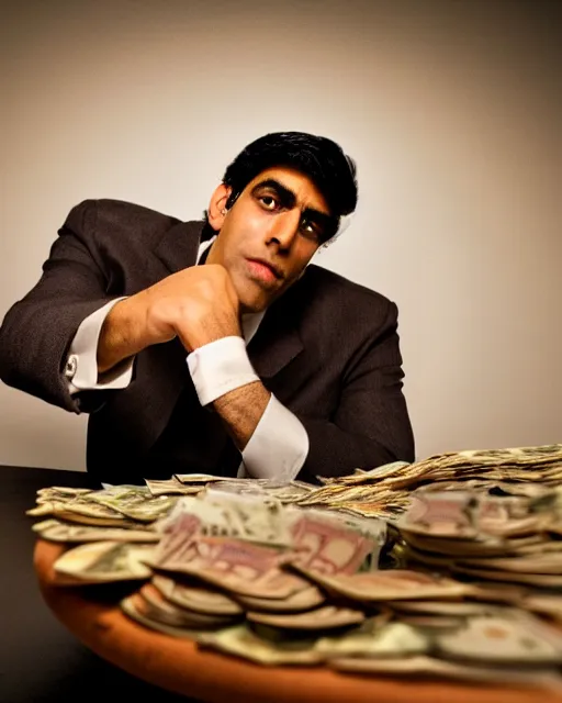 Prompt: film still close - up shot of rishi sunak counting money from the movie monty python's the meaning of life. photographic, photography