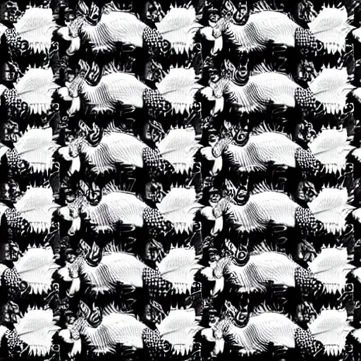 Prompt: a graphical pattern of white wolves into black geese by mc escher, aerial view, scared black geese, angry white wolves, hexagonal pattern, intricate details, screen print, frameless