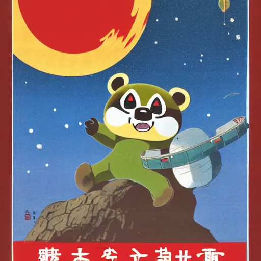 Prompt: tom nook in a japanese propaganda poster about the economic and physical state of new horizons.