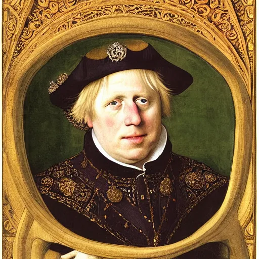 Prompt: A royal portrait of the King of England Boris Johnson, painted by Hans Holbein, British Museum, 16th century art