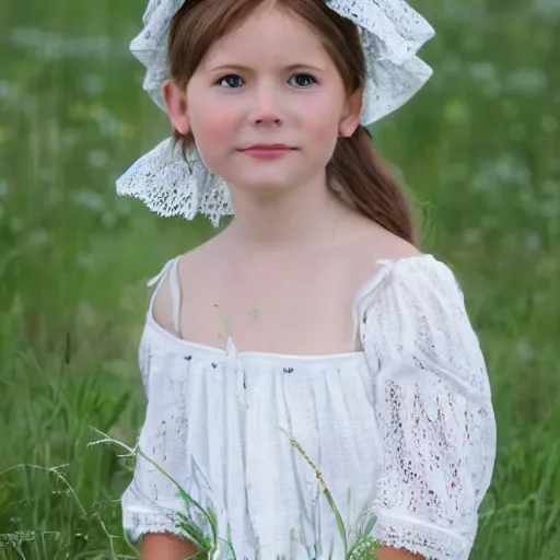 Image similar to beautiful pioneer girl in a meadow, white lacy dress and bonnet, portrait