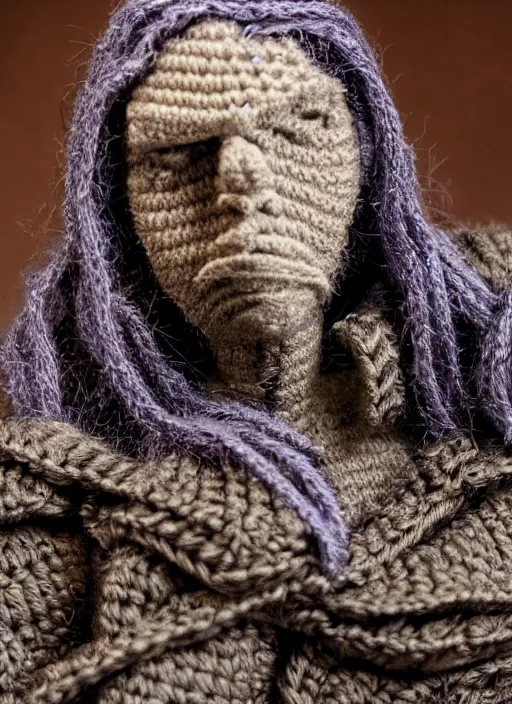 Image similar to crochet of drizzt do'urden, very detailed, complex, intricate, different colors, high quality, Sigma 50mm f/1.4