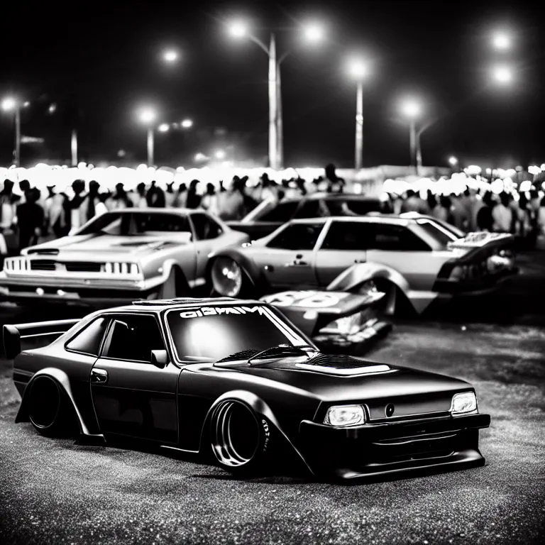 Image similar to a car S30 twin turbo drift at illegal car meet, Gunma prefecture, city midnight mist lights, cinematic lighting, photorealistic, highly detailed wheels, high detail