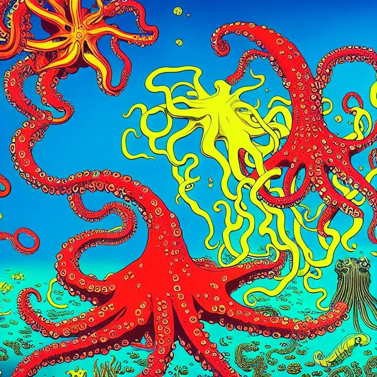 Prompt: volcanoes under the sea, octopus gripping submarine, bright neon colors, highly detailed, high resolution, cinematic, eyvind earle, tim white, philippe druillet, roger dean, lisa frank, aubrey beardsley, hiroo isono, ernst haeckel