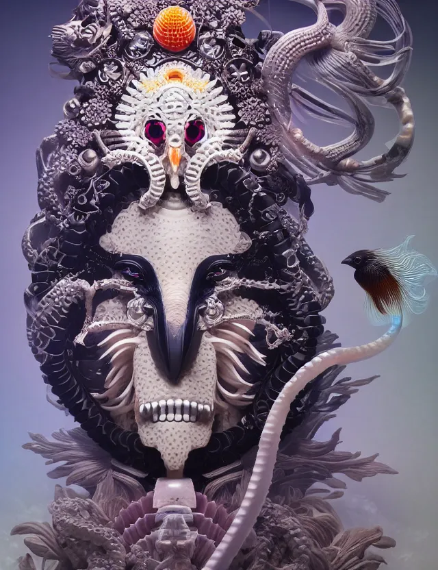 Image similar to 3 d goddess close - up 3 / 4 portrait with ram skull. beautiful intricately detailed japanese crow kitsune mask and clasical japanese kimono. betta fish, jellyfish phoenix, bio luminescent, plasma, ice, water, wind, creature, artwork by tooth wu and wlop and beeple and greg rutkowski