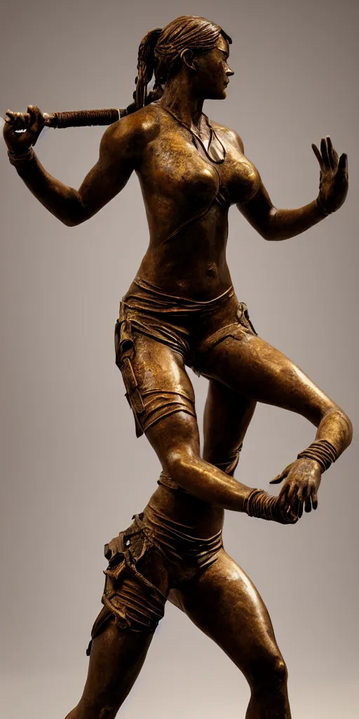 Image similar to detailed photo of old bronze patina statue of a lara croft dancing woman, full body, photorealism, intricate detail, museum diffuse lighting