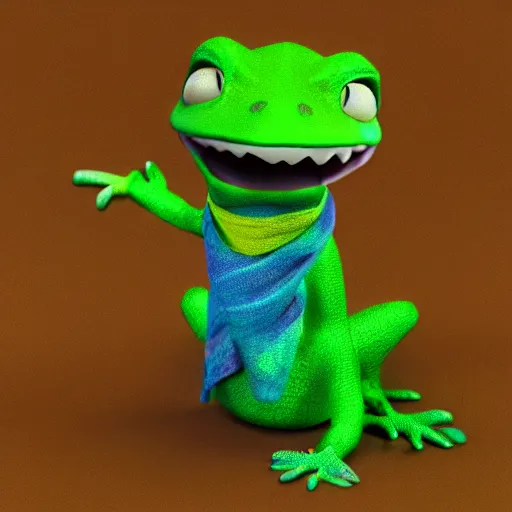 Prompt: anthropomorphic gecko wearing a scarf, 3d render, Pixar style