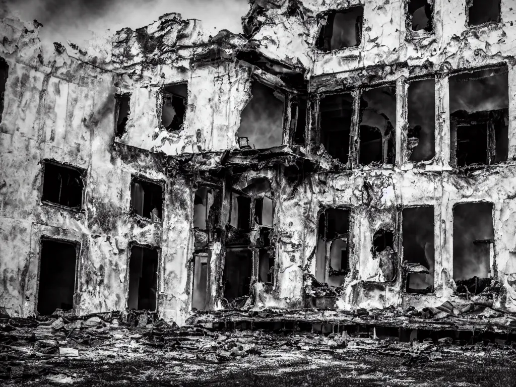 Prompt: old building, half of it is destroyed and burnt!, no fire, no smoke, black burnt ruins, photography, realism, dslr photo, 8 k, journalism