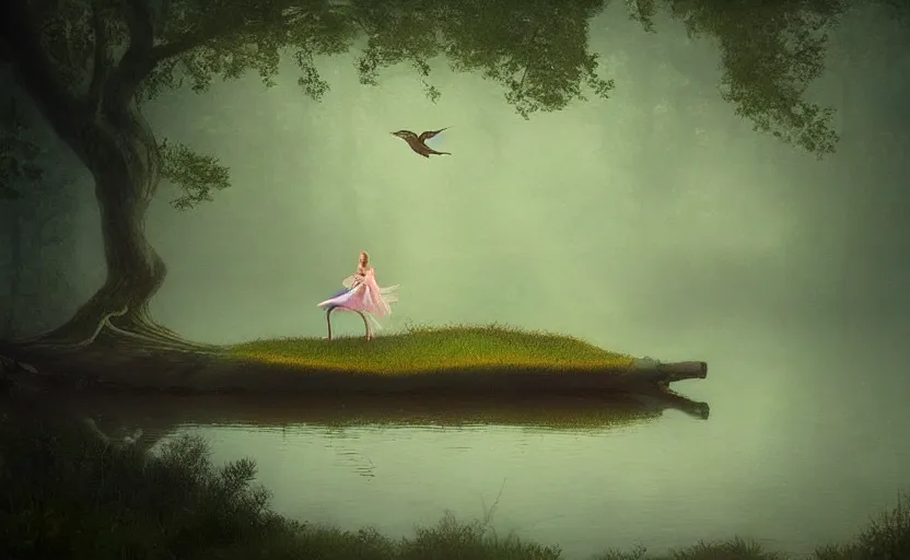 Image similar to a fairy riding a heron over a misty lake, ambient lighting, light bloom, in the style of Edward Robert Hughes!!!! and Over the Garden Wall