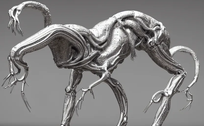 Prompt: stylized shiny polished silver statue full body extra limbs bizarre cosmic horror quadruped animal four legs made of marble of slug creature tendrils, perfect symmetrical body, perfect symmetrical face, hyper realistic, hyper detailed, by johannen voss, by michelangelo, octane render, blender, 8 k, displayed in pure white studio room