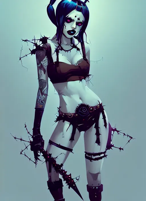 Prompt: portrait of cute goth harley quinn girl with crown of thorns in bikini armor, warhammer, cyberpunk, by atey ghailan, by greg rutkowski, by greg tocchini, by james gilleard, by joe gb fenton, by kaethe butcher, dynamic lighting, gradient light blue, brown, blonde cream and white color in scheme, grunge aesthetic