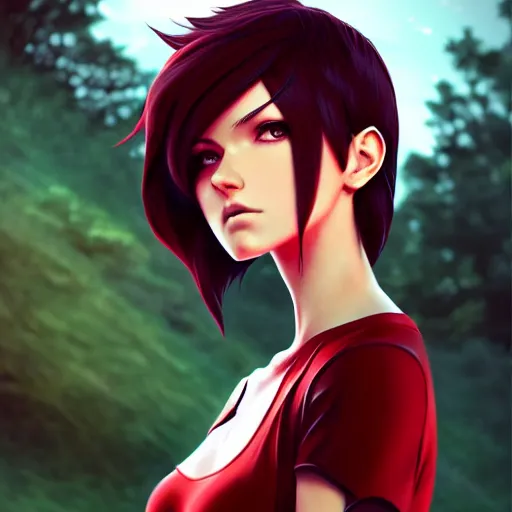 Image similar to realistic render of ruby rose from rwby by ross draws, forest background by ilya kuvshinov, digital anime art by ross tran, composition by sana takeda, lighting by greg rutkowski