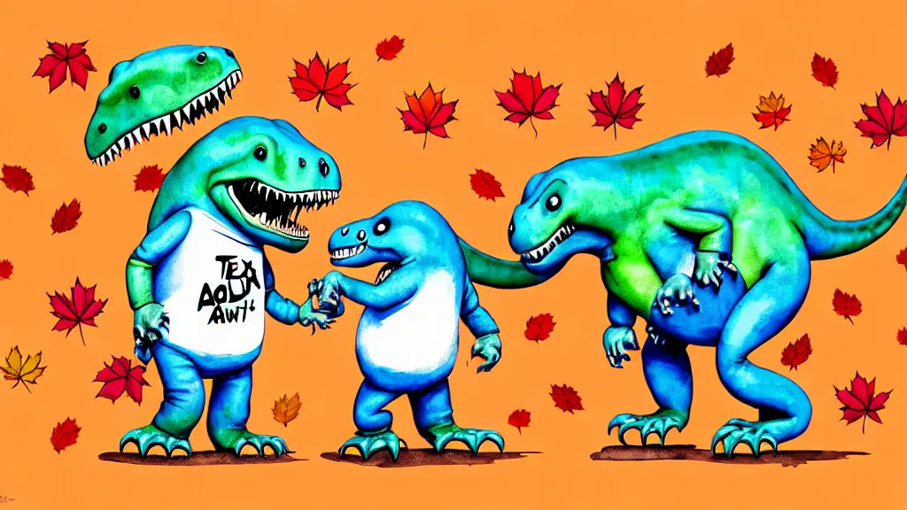 Image similar to cute and funny, t - rex wearing a t - shirt holding hands with a ladybug, autumn, ratfink style by ed roth, centered award winning watercolor pen illustration, isometric illustration by chihiro iwasaki, edited by range murata, tiny details by artgerm and watercolor girl, symmetrically isometrically centered