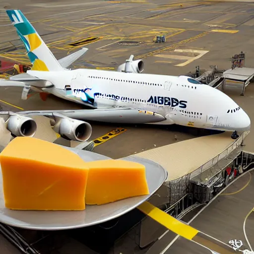 Image similar to Airbus a380 made of cheese, high quality aviation photograph, award winning