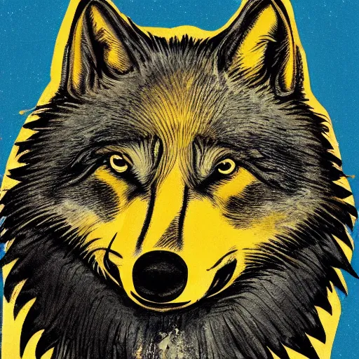 Image similar to portrait of retarded wolf, squint eyes, rabies, propaganda style, vivid colors, detailed