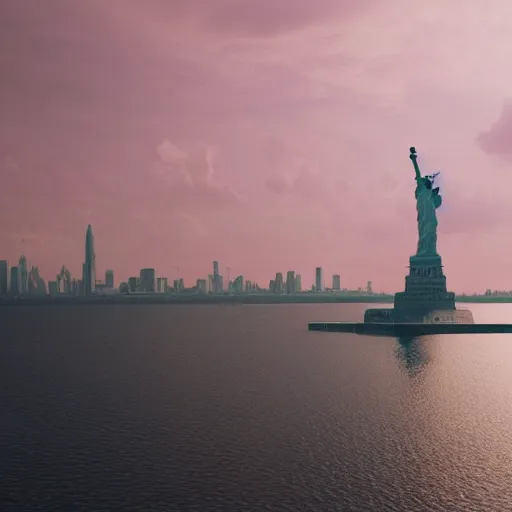 Prompt: the statue of liberty in fluffy pink clouds and soft light on a floating island, octane render