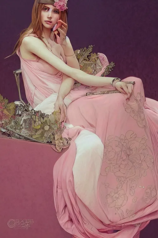 Image similar to ultra realistic illustration, european woman drawing, pink background, elegant, highly detailed, digital painting, concept art, smooth, sharp focus, illustration, art by artgerm and greg rutkowski and alphonse mucha