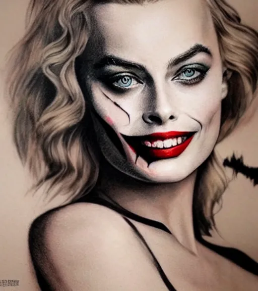 Image similar to tattoo design sketch of beautiful margot robbie portrait with joker makeup, in the style of den yakovlev, realistic face, black and white, realism tattoo, hyper realistic, highly detailed