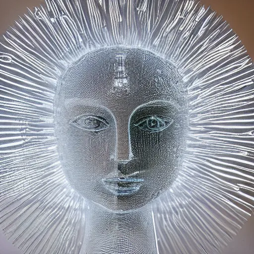 Prompt: a sculpture of thousand eyed angel made of clear crystal casting caustics on a white table morning light