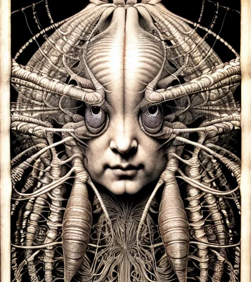 Image similar to detailed realistic beautiful cicada goddess face portrait by jean delville, gustave dore, iris van herpen and marco mazzoni, art forms of nature by ernst haeckel, art nouveau, symbolist, visionary, gothic, neo - gothic, pre - raphaelite, fractal lace, intricate alien botanicals, ai biodiversity, surreality, hyperdetailed ultrasharp octane render