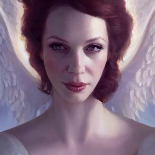 Image similar to Portrait of a Christina Hendricks with angel wings, and a glowing halo, white lighting, digital art by Ruan Jia and Mandy Jurgens and Artgerm, highly detailed, trending on artstation, award winning,