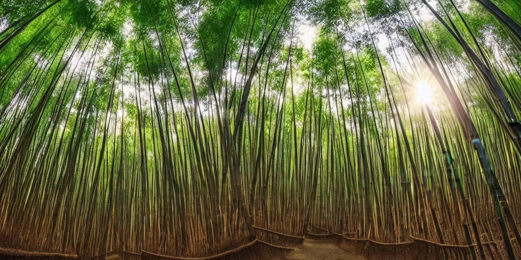 Prompt: ultra wide angle photo of the shunan bamboo forest, majestic!!! beautiful!!!, ethereal!!! ultra realistic, golden hour, volumetric lighting, sharp focus, in the style of national geographic, large format camera