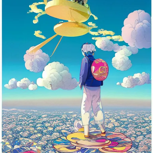 Image similar to a man walking on clouds above kyoto by takashi murakami, beeple and james jean, aya takano color style, 4 k, super detailed