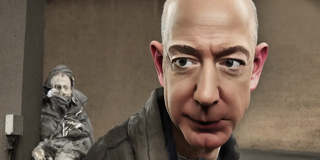 Image similar to homeless jeff bezos, focused shot, realistic, octane render