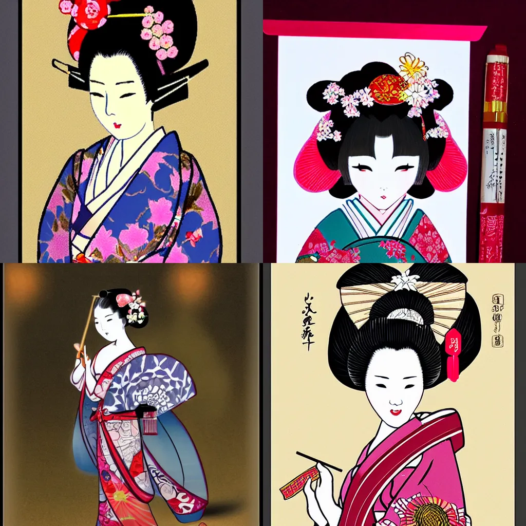 Prompt: a beautiful geisha in the style of wabori