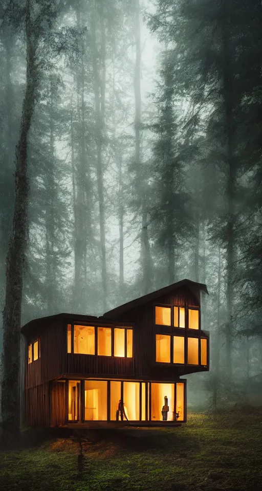 Image similar to an exquisitely designed wooden house in a lush forest, architectural photography, dark and dim lighting, beautiful, tranquil, moody, cinematic, fantasy, 3 5 mm lens, volumetric lighting, first person view, photographic render, hyper realistic