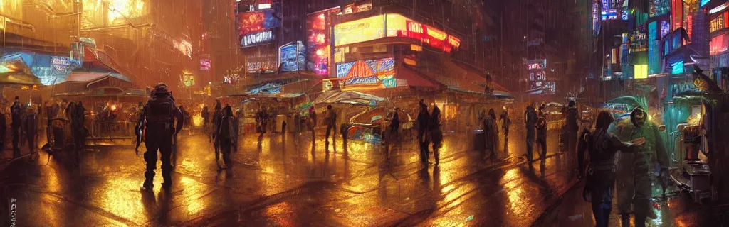 Image similar to a busy cyberpunk street marketplace with a heavy police presence. night, raining, 8 k, epic cinematic hyperrealism masterpiece. realistic poster with shaded lighting by craig mallismo, artgerm, jeremy lipkin and michael garmash, unreal engine, radiant light, detailed and complex environment, digital art, art station trends, detailed, lens flare, motion blur