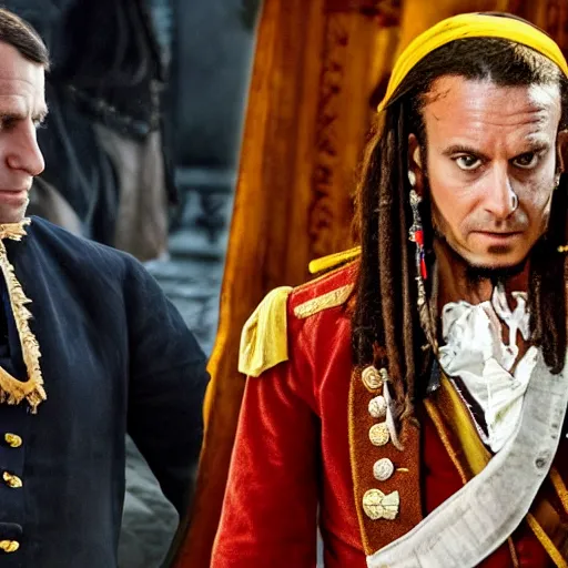 Image similar to emmanuel macron in pirates of the caribbean movie, full body shot, highly - detailed, sharp focus, award - winning