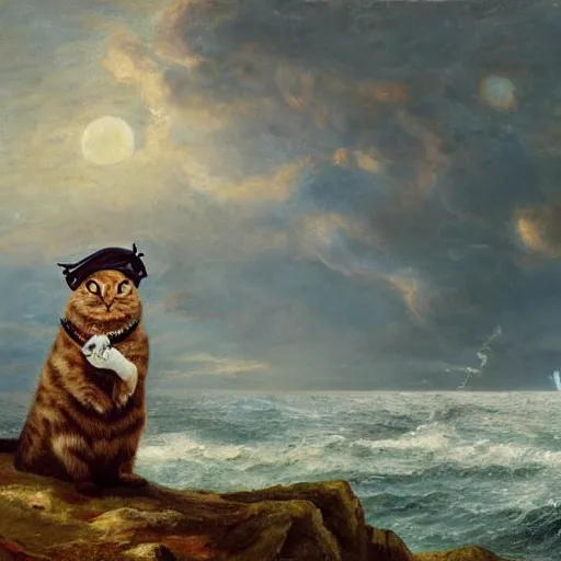 Image similar to a pirate cat sails his ship toward the gathering storm on the horizon, oil on canvas, 1 8 8 3, highly detailed