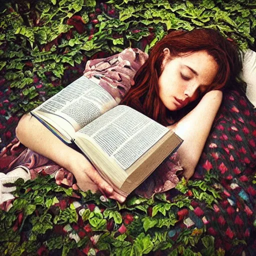 Image similar to “ very photorealistic photo of vines growing out of a woman ’ s book as she sleeps, award - winning details ”