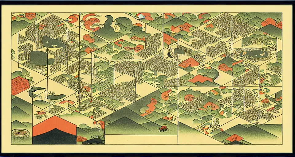 Image similar to isometric miniature map dashboard with time series charts, pie plots and other modern graphics, with small creatures on it. monografia by diego rivera ( ukiyo - e influence )