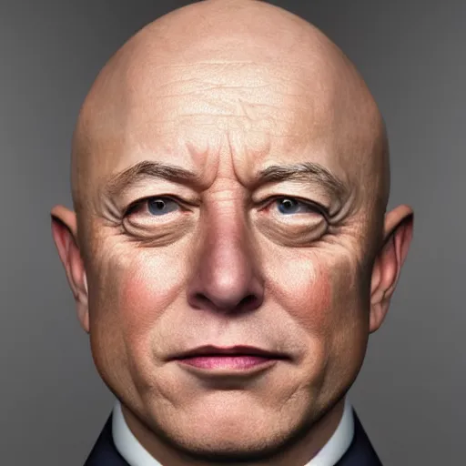 Image similar to photo realistic, uncanny valley, hyper realistic, 8 k, octane render, vray, portrait of a very wrinkly elon musk wearing a flabby jeff bezos skin suit, dead shiny black shark eyes saggy skin, melted face, entire head, bald